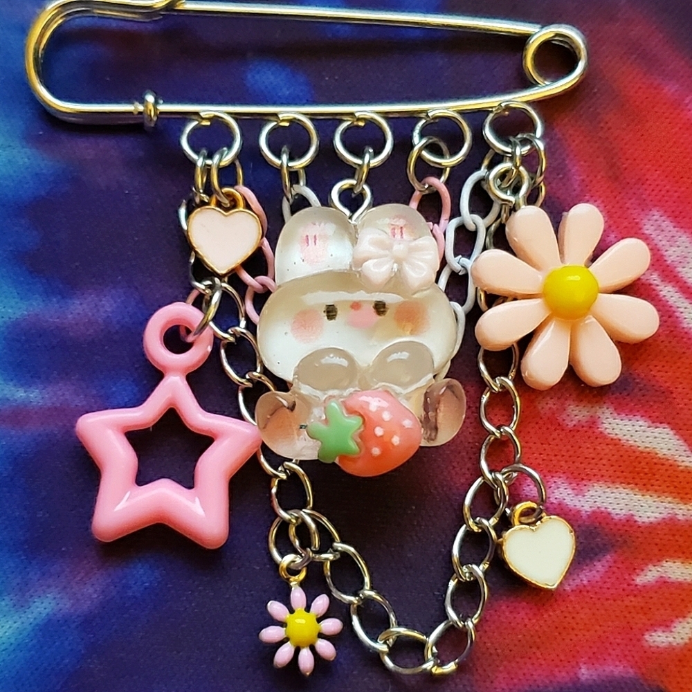 Handmade White Pink Strawberry Kawaii Bunny Charm Safety Pin Brooch